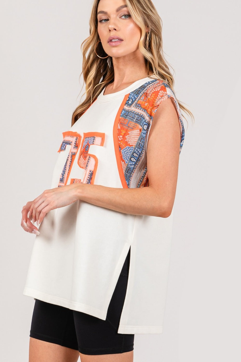 SAGE + FIG Patch Print Side Slit Sleeveless Top Orange