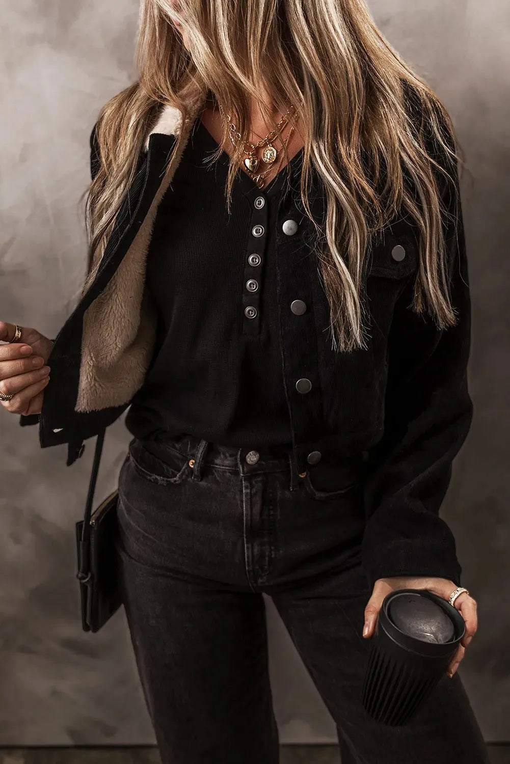 Fuzzy Collared Neck Button Down Jacket Black