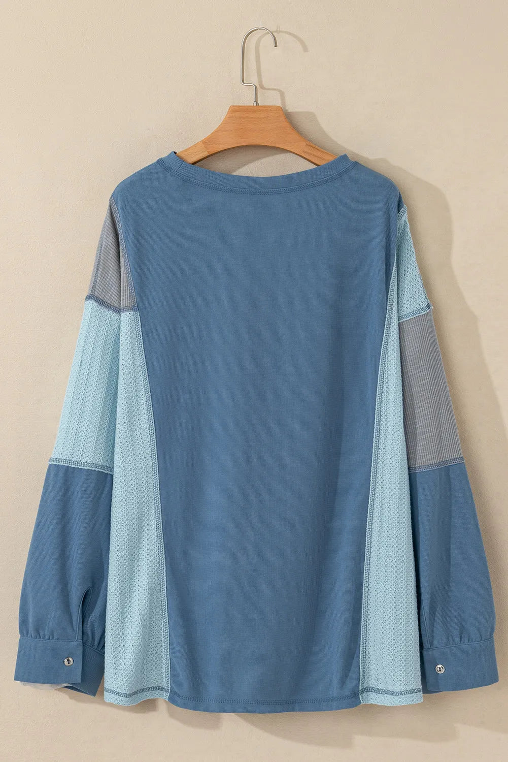 Patchwork Color Block Round Neck Long Sleeve Top Dusty Blue