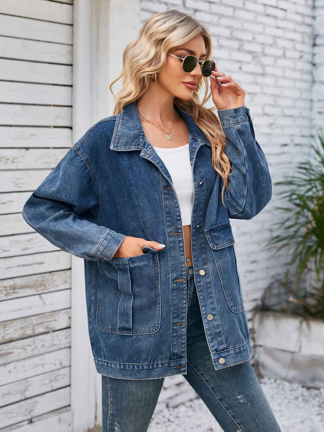 Button Up Long Sleeve Denim Jacket Dusty Blue