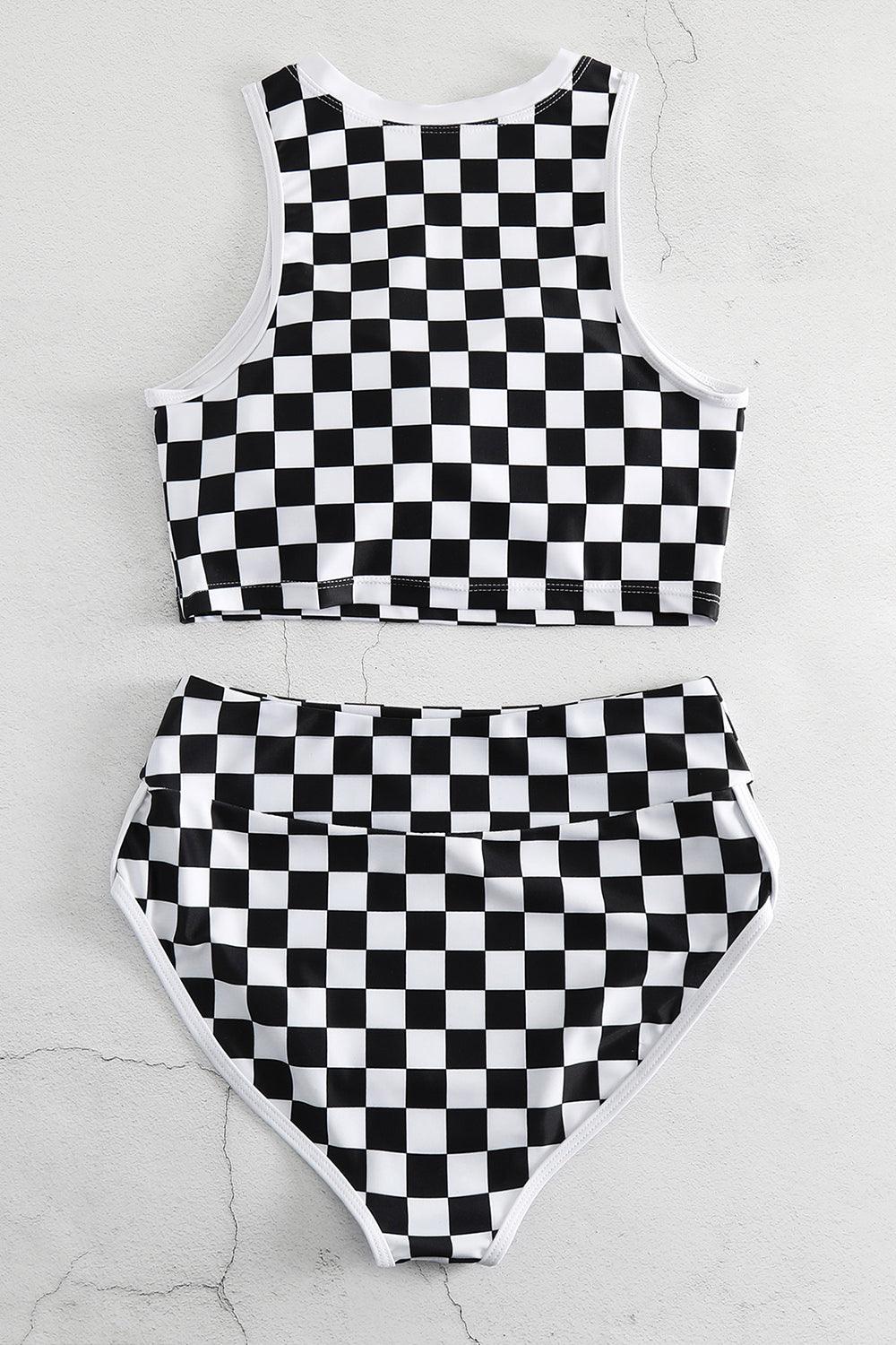 Checkered Wide Strap Two-Piece Swim Set Black