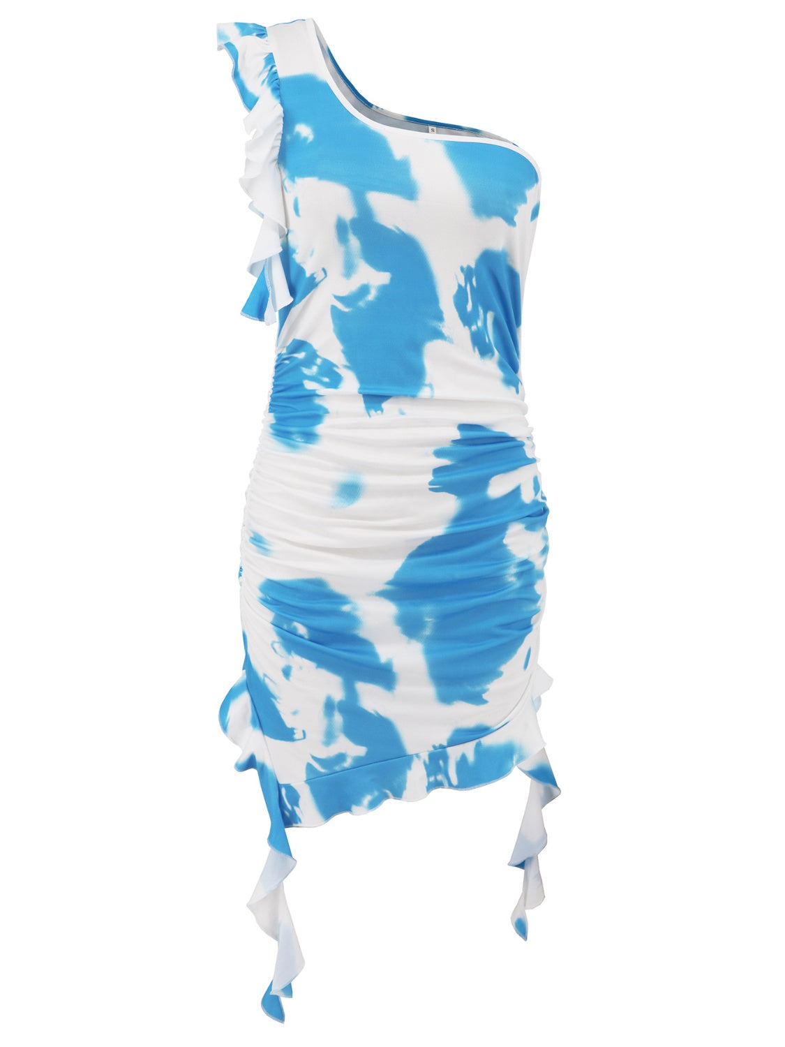 Ruffled Tie-Dye Single Shoulder Mini Dress Pastel Blue