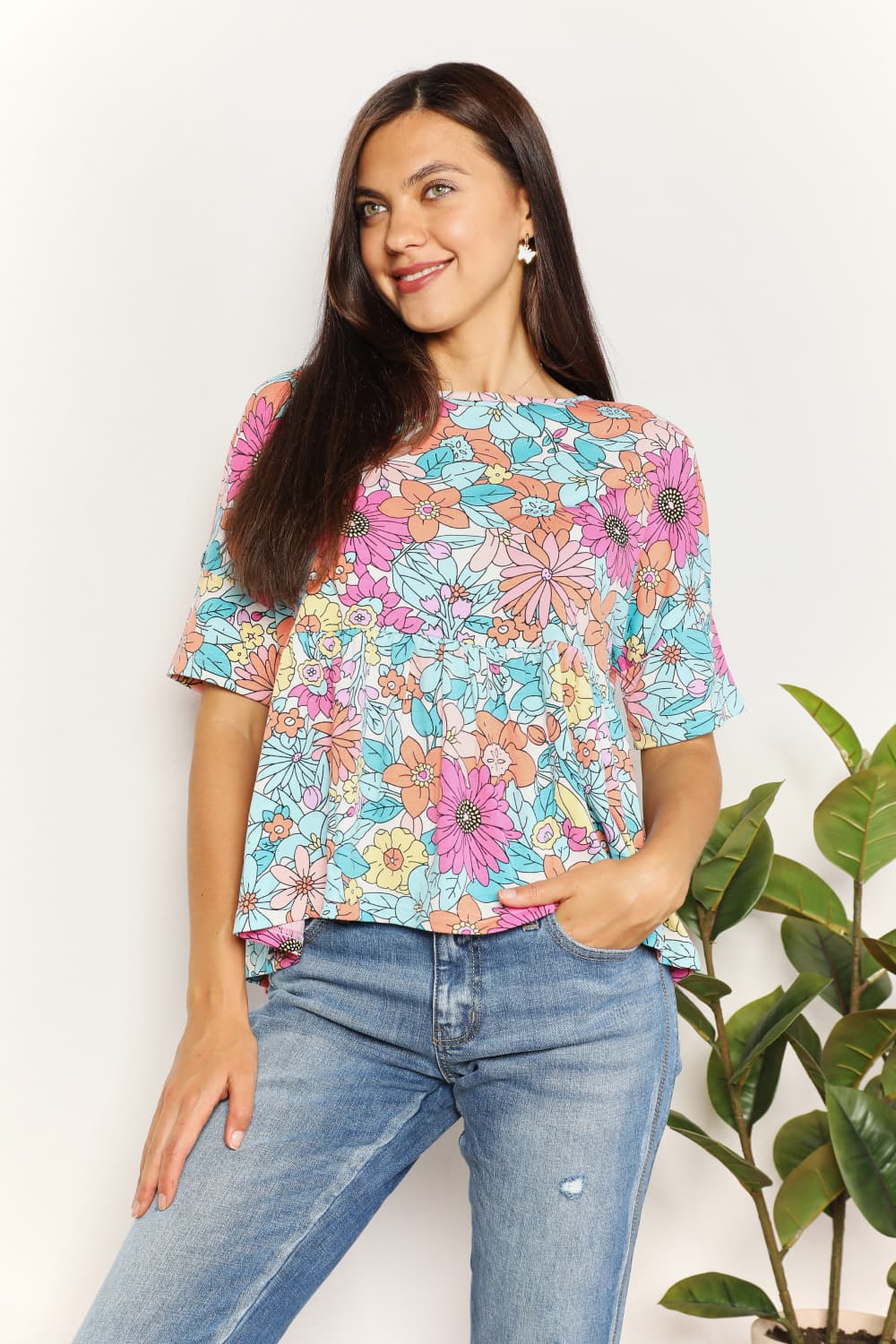 Double Take Floral Round Neck Babydoll Top Floral