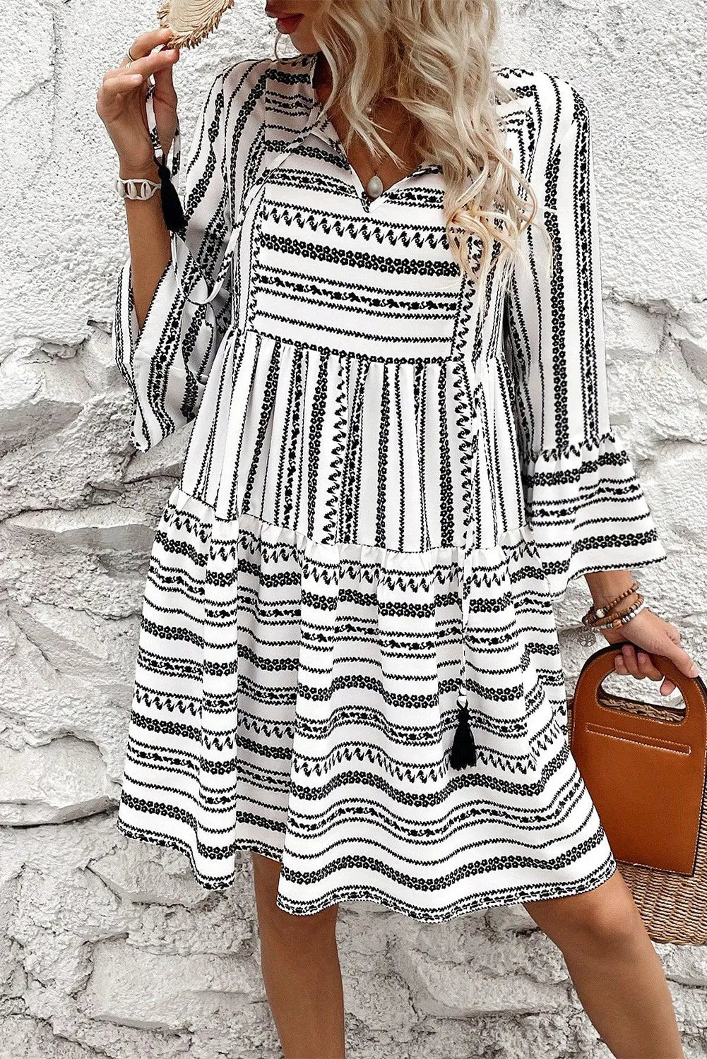 Printed Tie Neck Three-Quarter Sleeve Mini Dress White