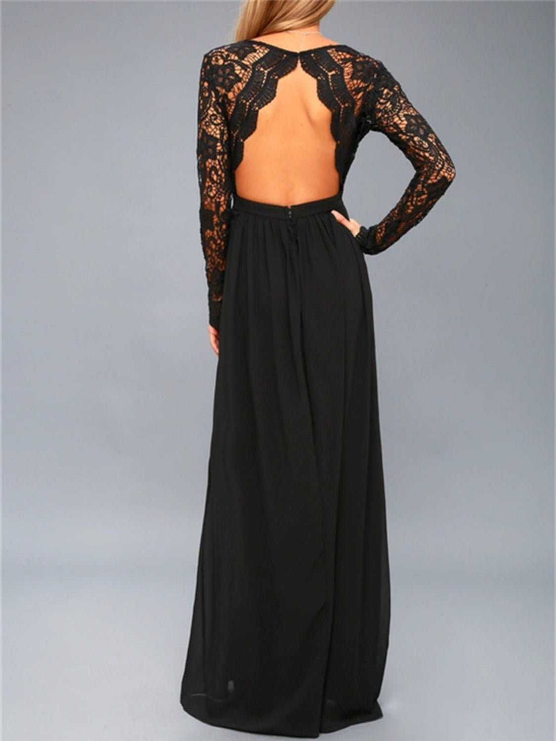 Lace Detail Backless Long Sleeve Maxi Dress Black