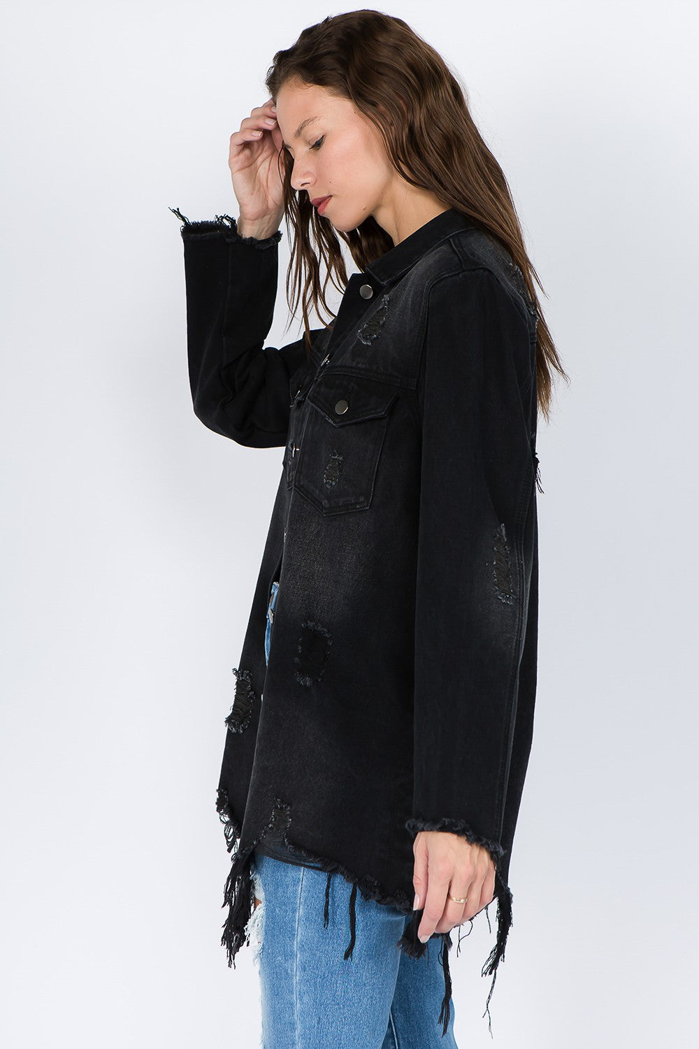 American Bazi Distressed Frayed Hem Denim Jacket Black