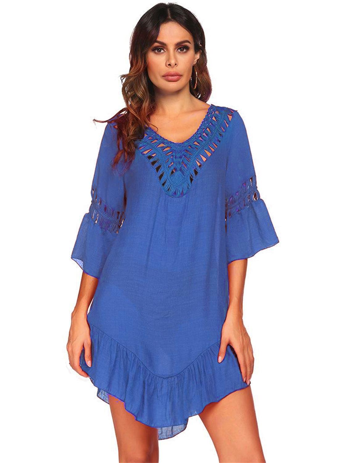 Backless Cutout Three-Quarter Sleeve Cover Up Royal Blue One Size