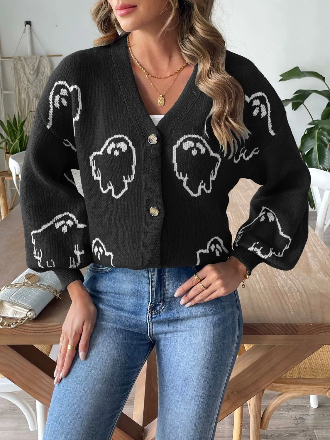 V-Neck Dropped Shoulder Cardigan Black