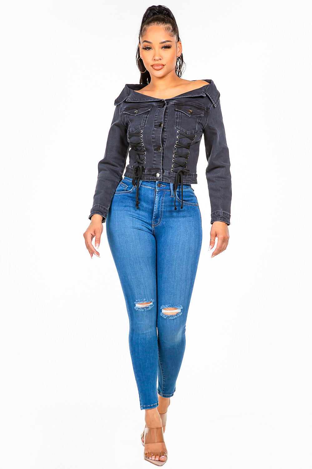 American Bazi Off Shoulder Lace Up Denim Jacket Black