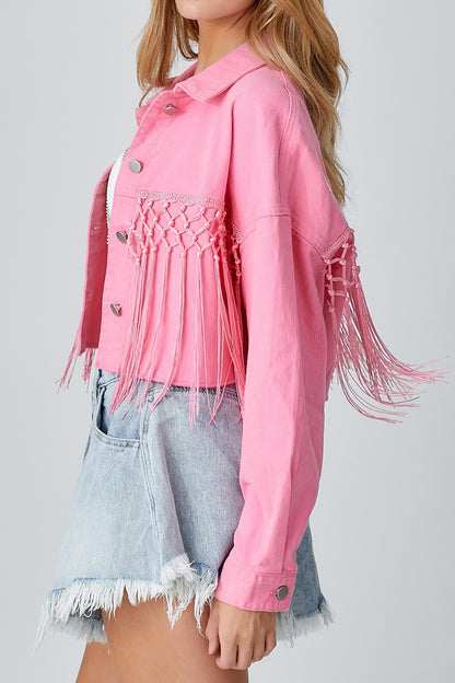 Tassel Sequin Letter Long Sleeve Denim Jacket Burnt Coral