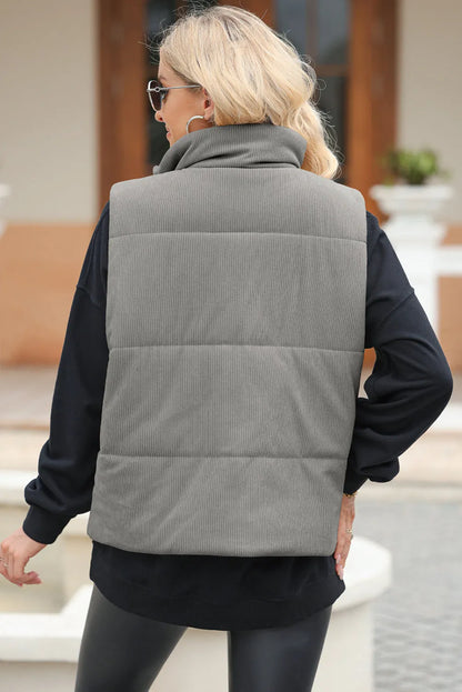 Pocketed Zip Up Turtleneck Vest Coat Dark Gray