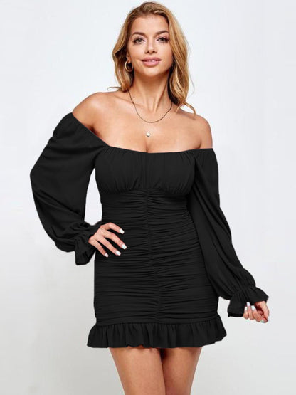 Ruffled Ruched Flounce Sleeve Mini Dress Black