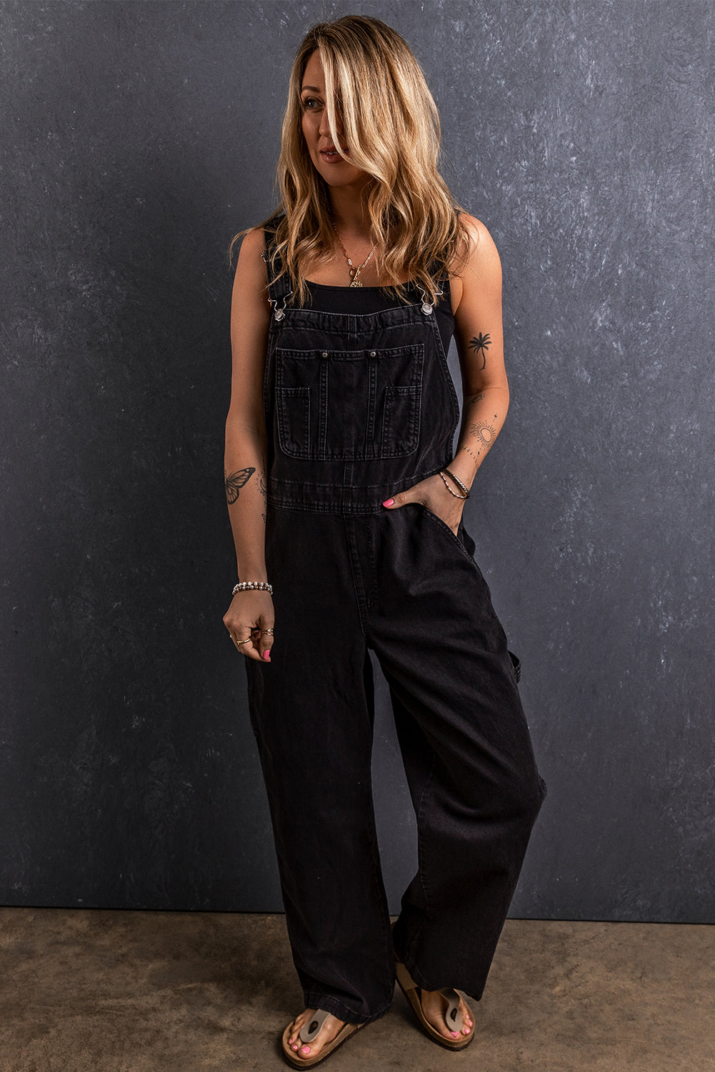 Pocketed Straight Denim Overalls Black