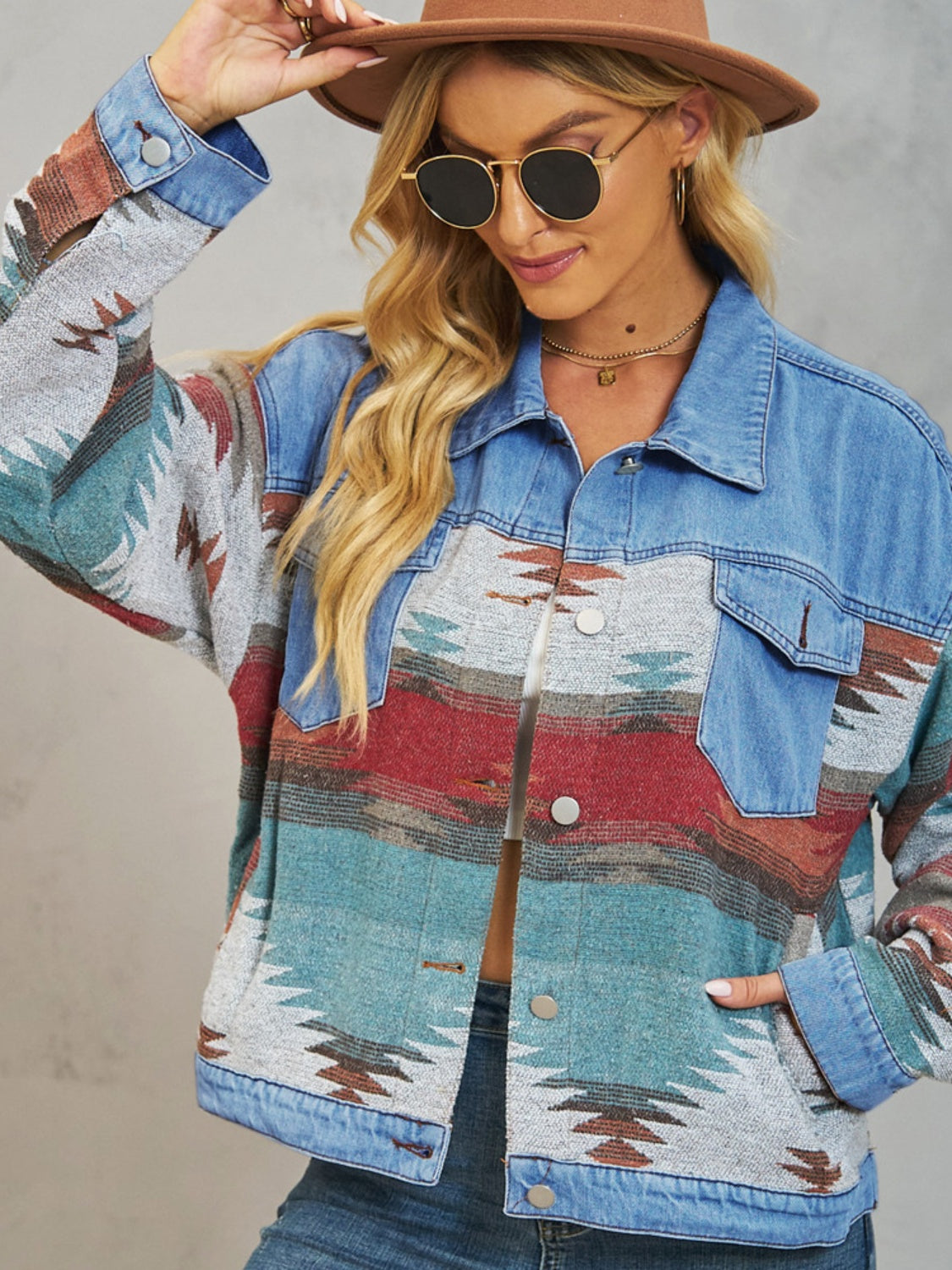 Geometric Button Up Dropped Shoulder Denim Jacket Dusty Blue