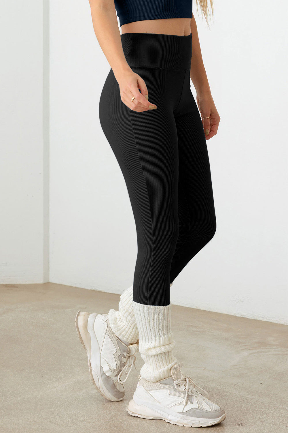 Le Lis Ribbed Crop Cami and High Waist Brushed Leggings Set Black Grey