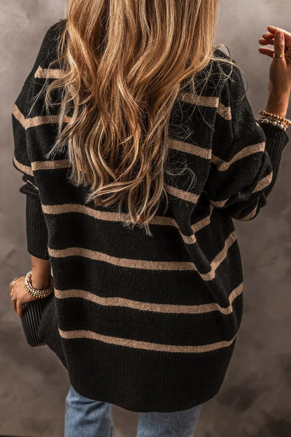 Striped Button Up Dropped Shoulder Cardigan Black