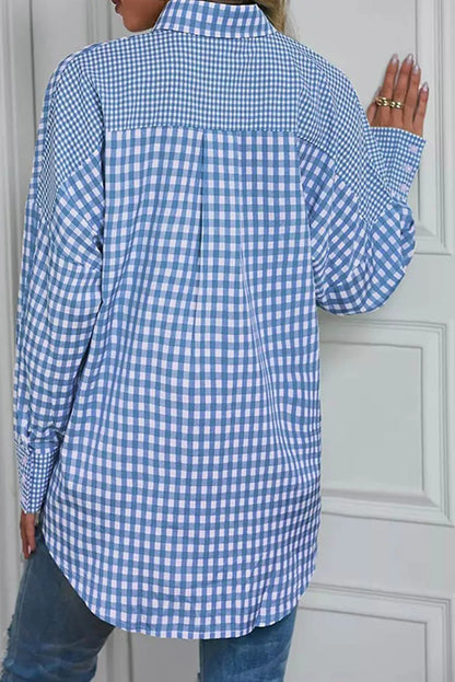 Pocketed Plaid Collared Neck Long Sleeve Shirt Light Blue