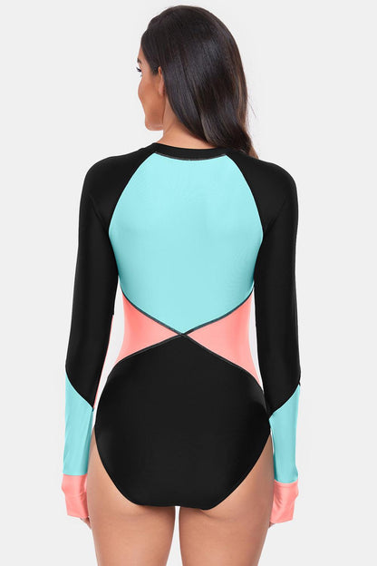 Color Block Half Zip Long Sleeve One-Piece Swimwear Burnt Coral