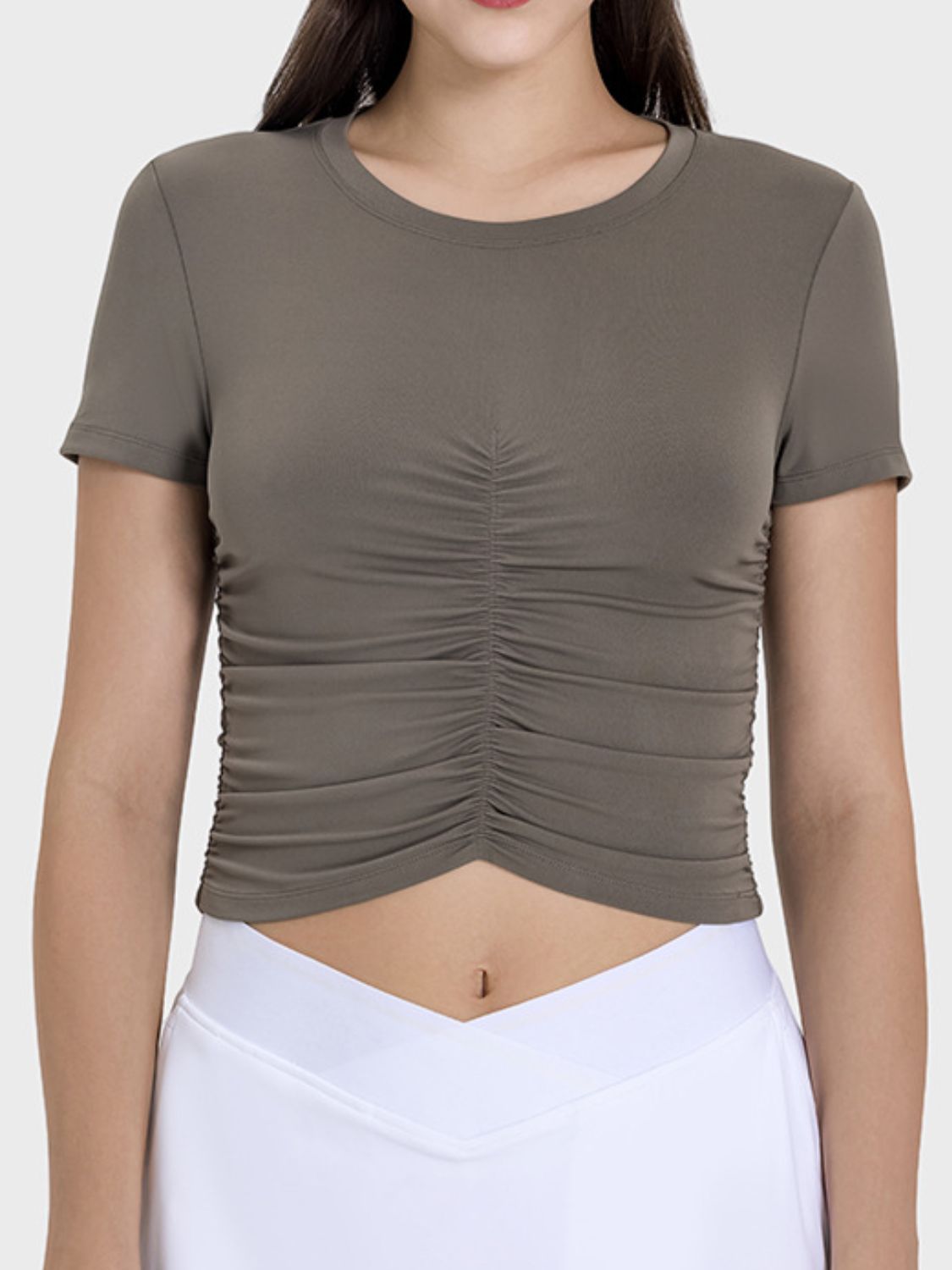 Millennia Ruched Round Neck Short Sleeve Active T-Shirt Mocha