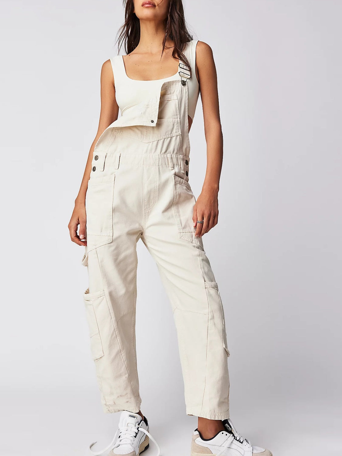 Pocketed Wide Strap Denim Overalls Ivory