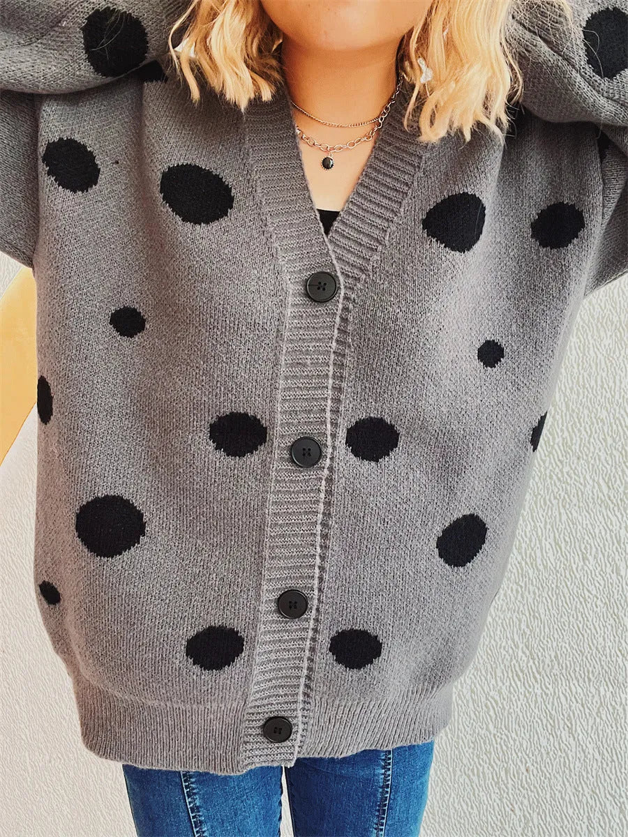 Polka Dot Button Up Cardigan Dark Gray One Size