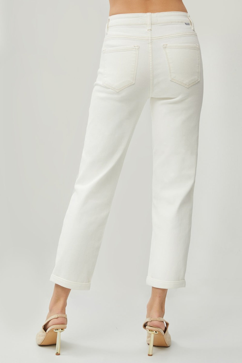 RISEN Full Size High Waist Rolled Hem Straight Jeans Cream