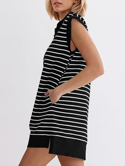 Full Size Pocketed Striped Quarter Zip Cap Sleeve Dress Black