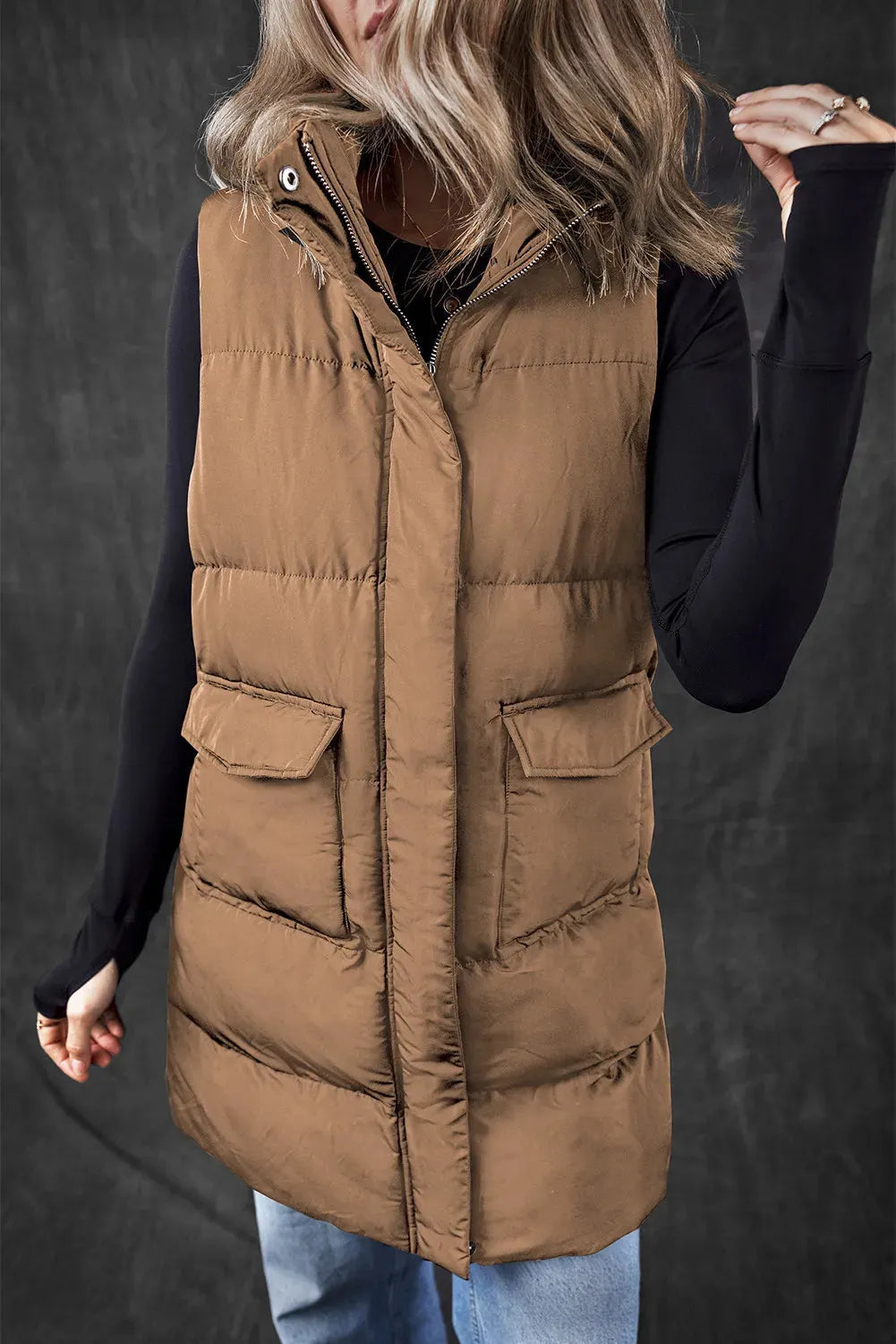 Pocketed Zip Up Vest Coat Caramel