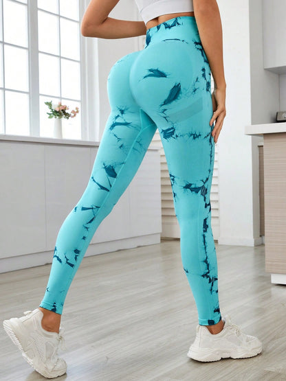 Printed High Waist Active Leggings Turquoise