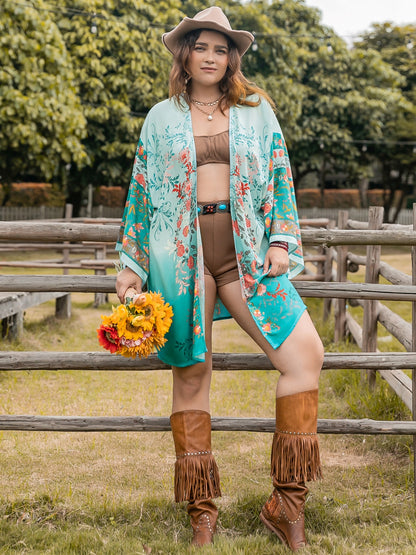 Plus Size Printed Open Front Long Sleeve Cover Up Turquoise