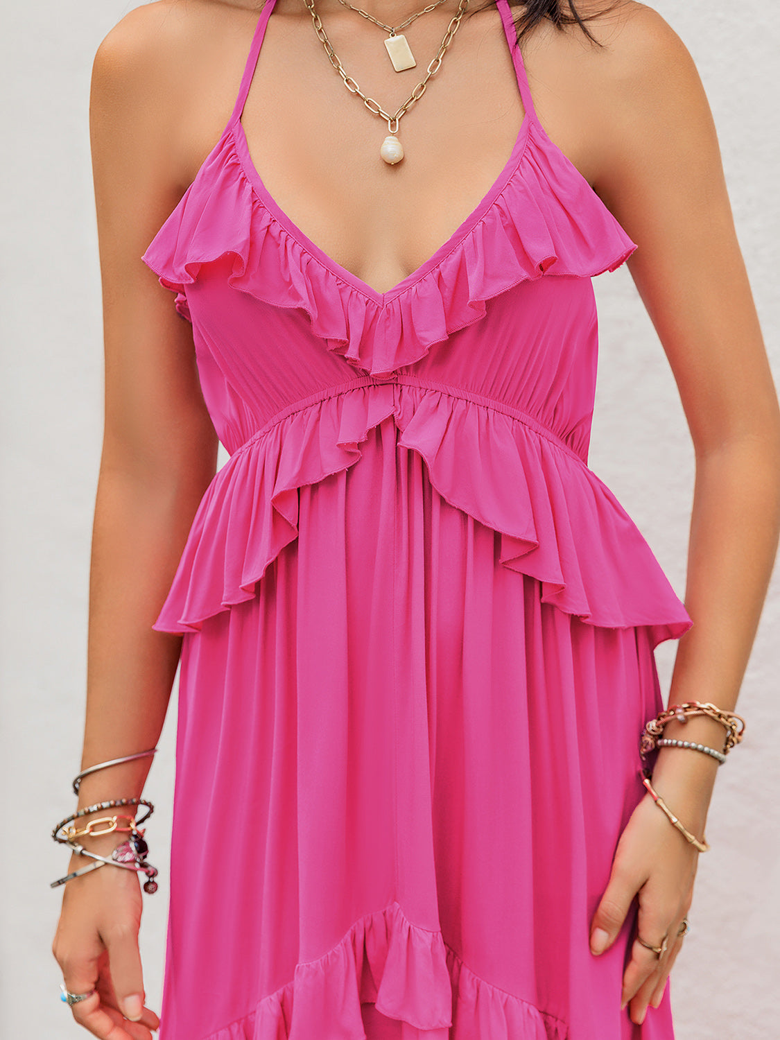 Ruffled Halter Neck Maxi Dress Hot Pink