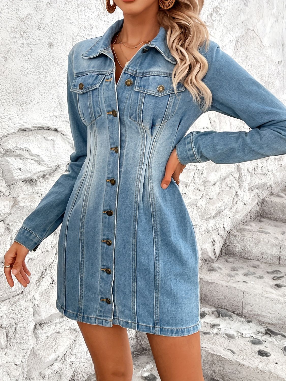 Pocketed Button Up Long Sleeve Denim Dress Medium