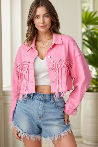 Tassel Sequin Letter Long Sleeve Denim Jacket Burnt Coral