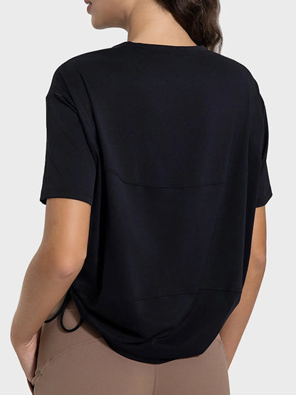 Drawstring Round Neck Short Sleeve Active T-Shirt Black