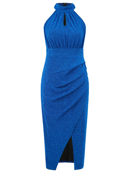 Slit Ruched Mock Neck Sleeveless Dress Royal Blue