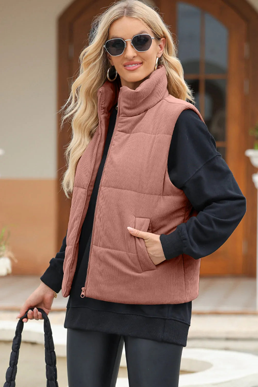 Pocketed Zip Up Turtleneck Vest Coat Dusty Pink