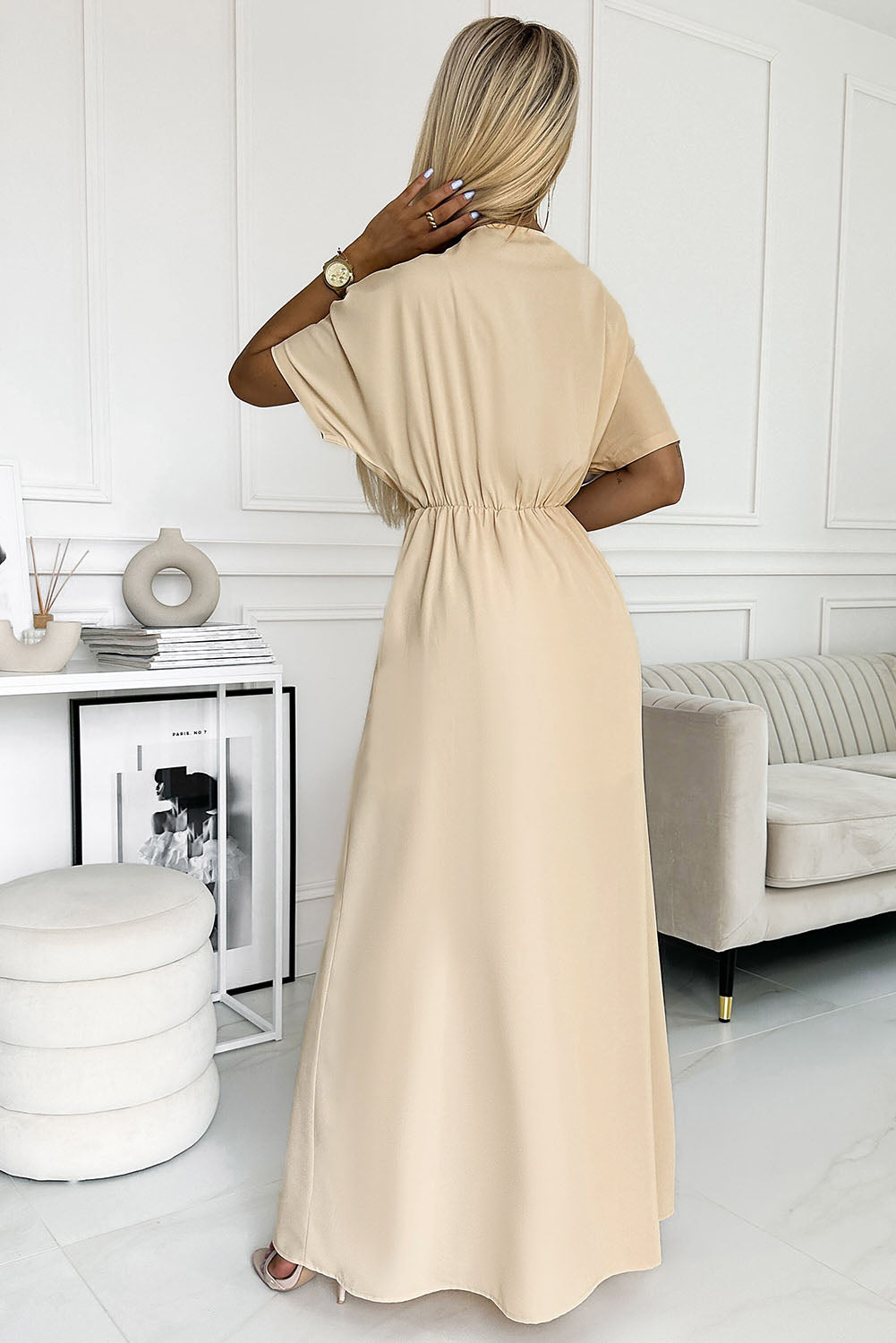 Surplice Neck Slit Maxi Dress Beige