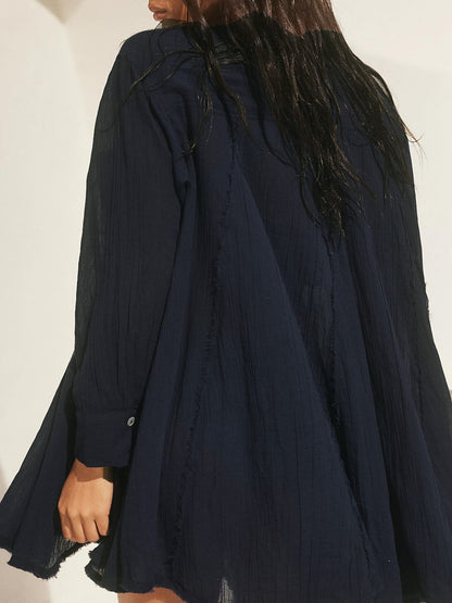 Button Up Collared Neck Long Sleeve Longline Shirt Dark Navy