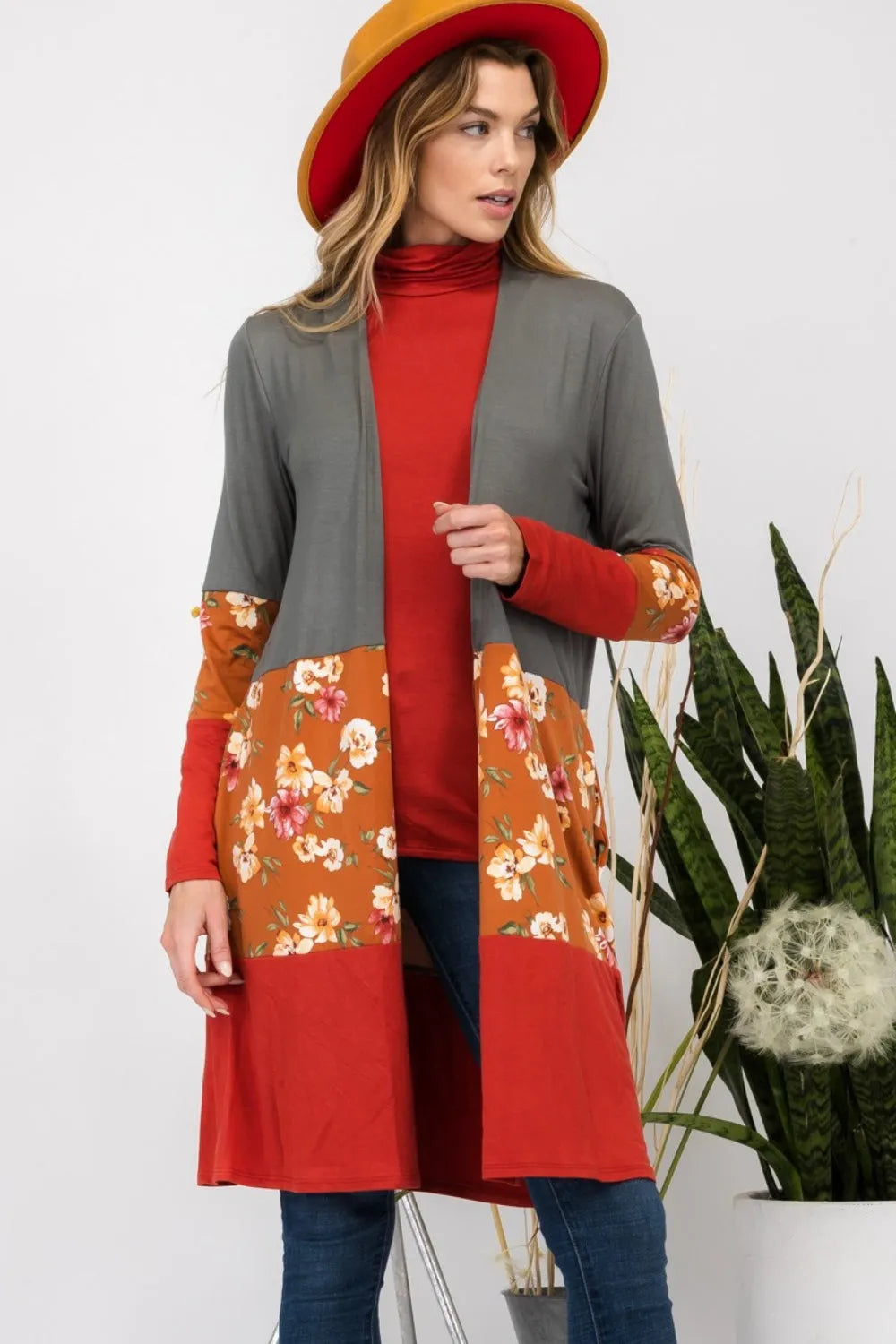 Celeste Full Size Floral Color Block Open Front Cardigan Olive Rust