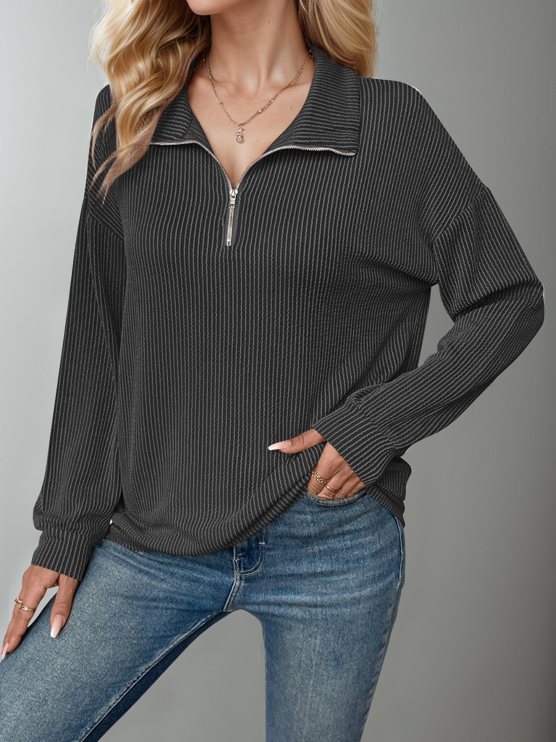 Double Take Striped Half Zip Long Sleeve T-Shirt Dark Gray