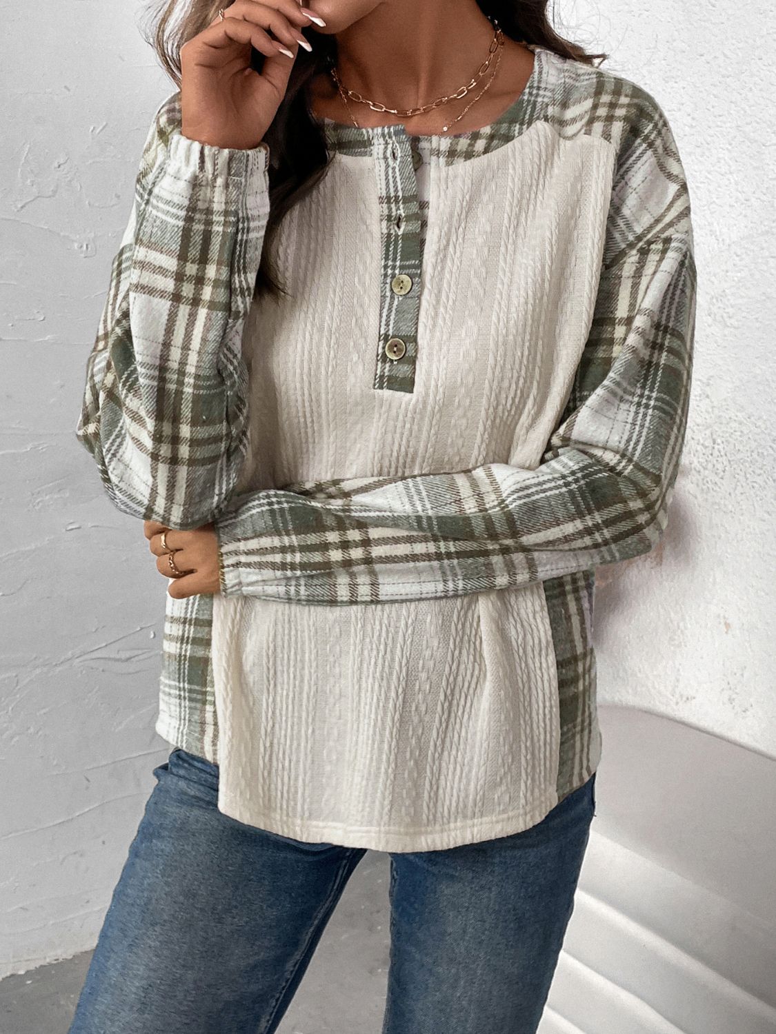 Perfee Plaid Half Button Long Sleeve T-Shirt Cream