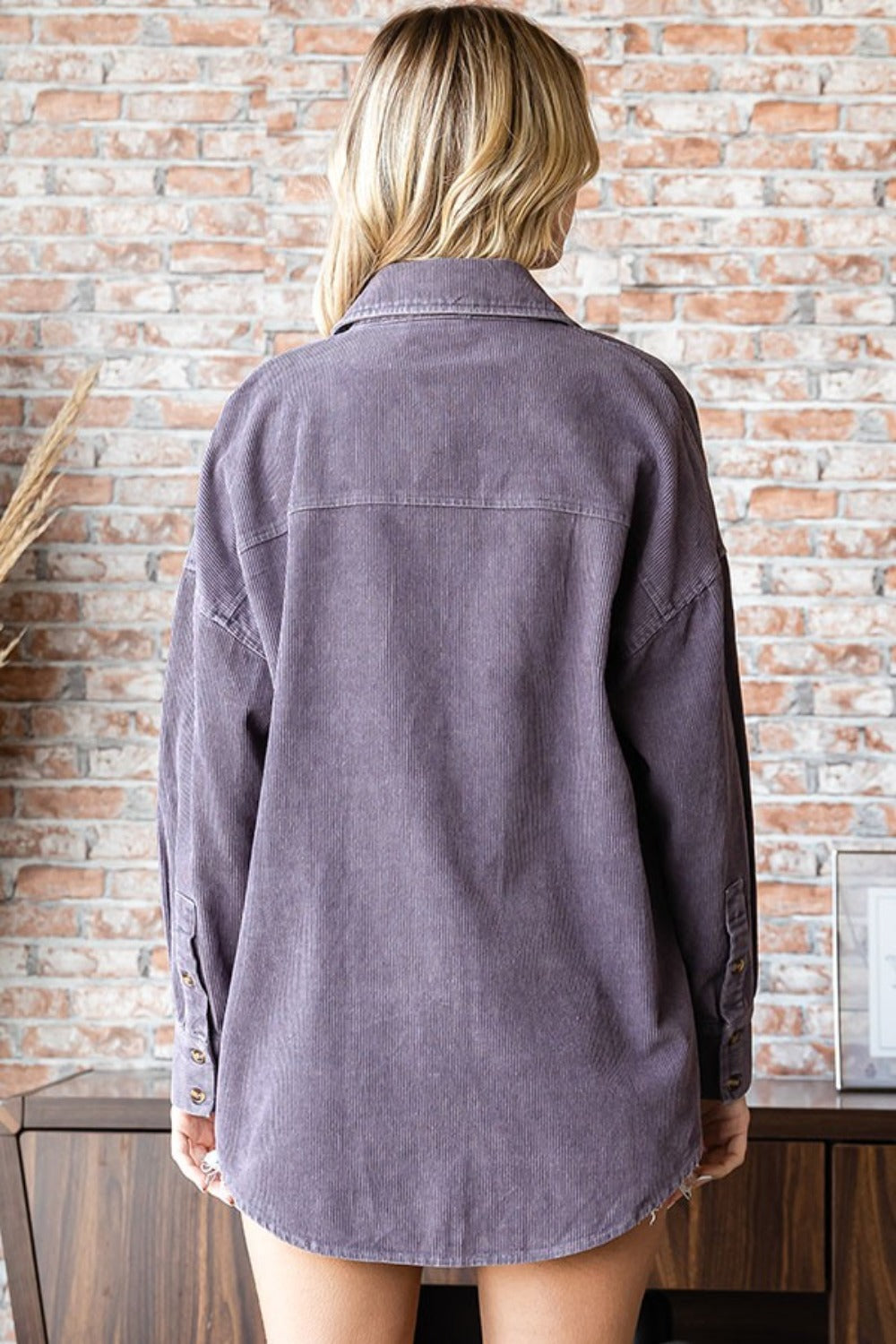 First Love Washed Corduroy Button Down Long Sleeve Shirt Purple Gray