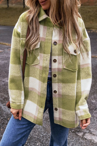 Plaid Button Up Long Sleeve Jacket Sage