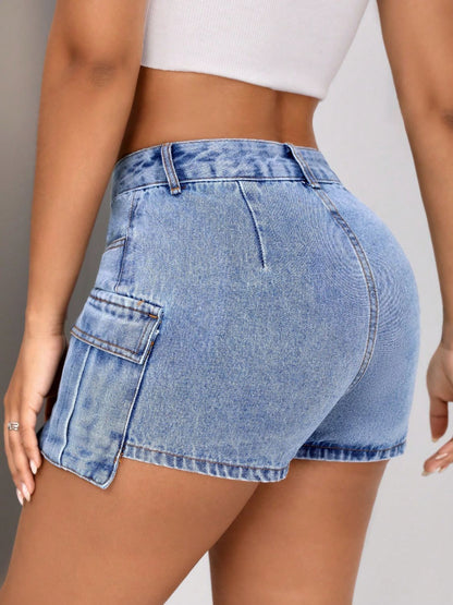 Mid-Rise Waist Denim Shorts with Pockets Light