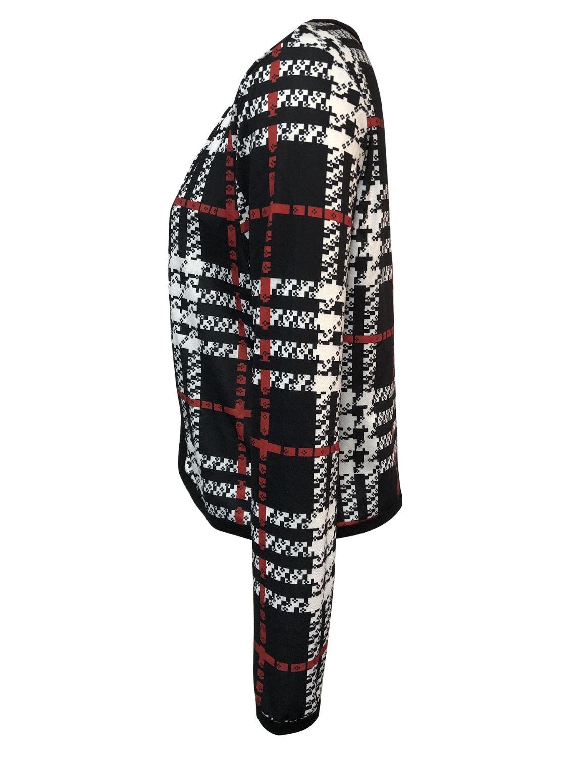 Plaid Open Front Long Sleeve Jacket Black