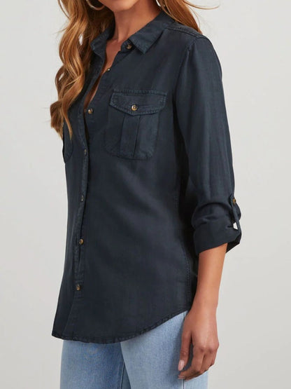 Collared Neck Roll-Tab Sleeve Denim Top Navy