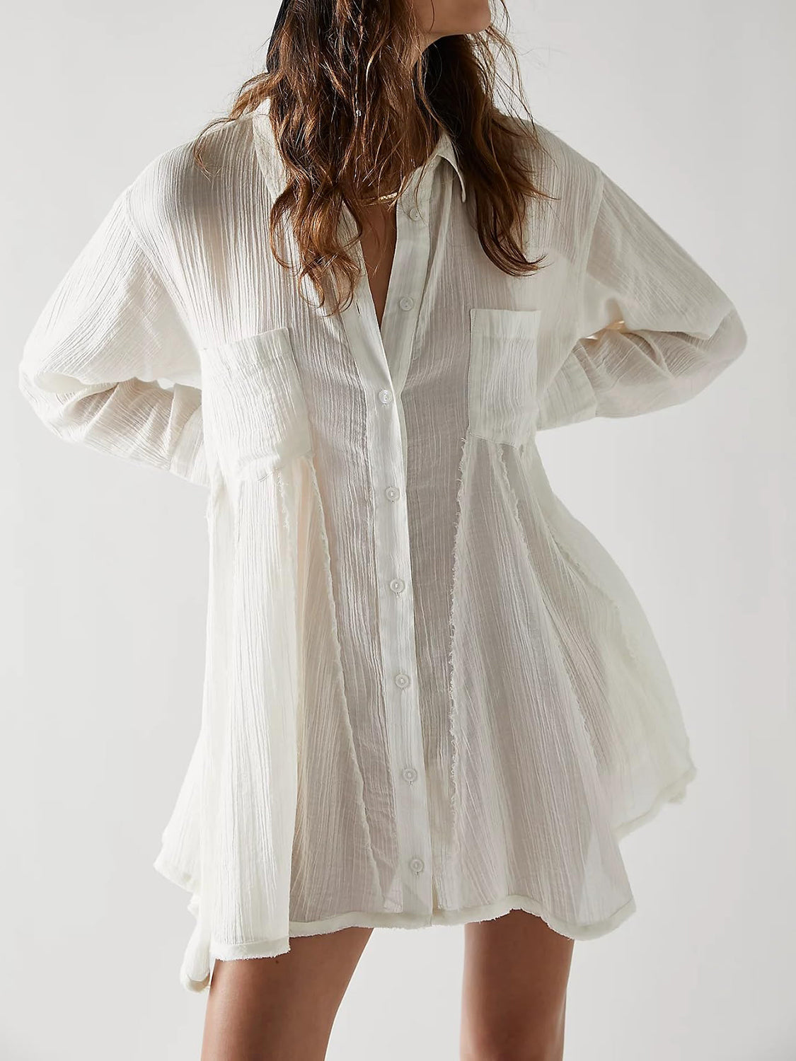 Button Up Collared Neck Long Sleeve Longline Shirt White