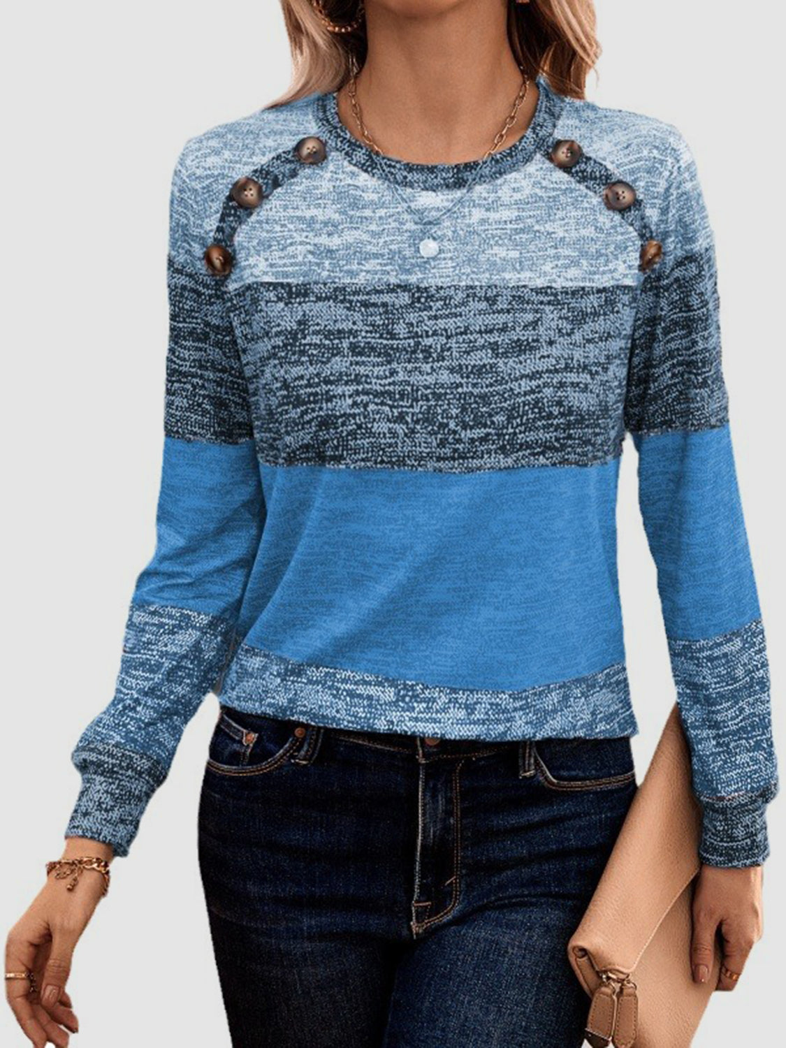 Decorative Button Contrast Round Neck Long Sleeve T-Shirt Sky Blue