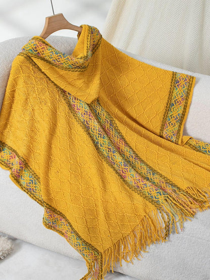 Fringe Half Sleeve Hooded Poncho Mustard One Size