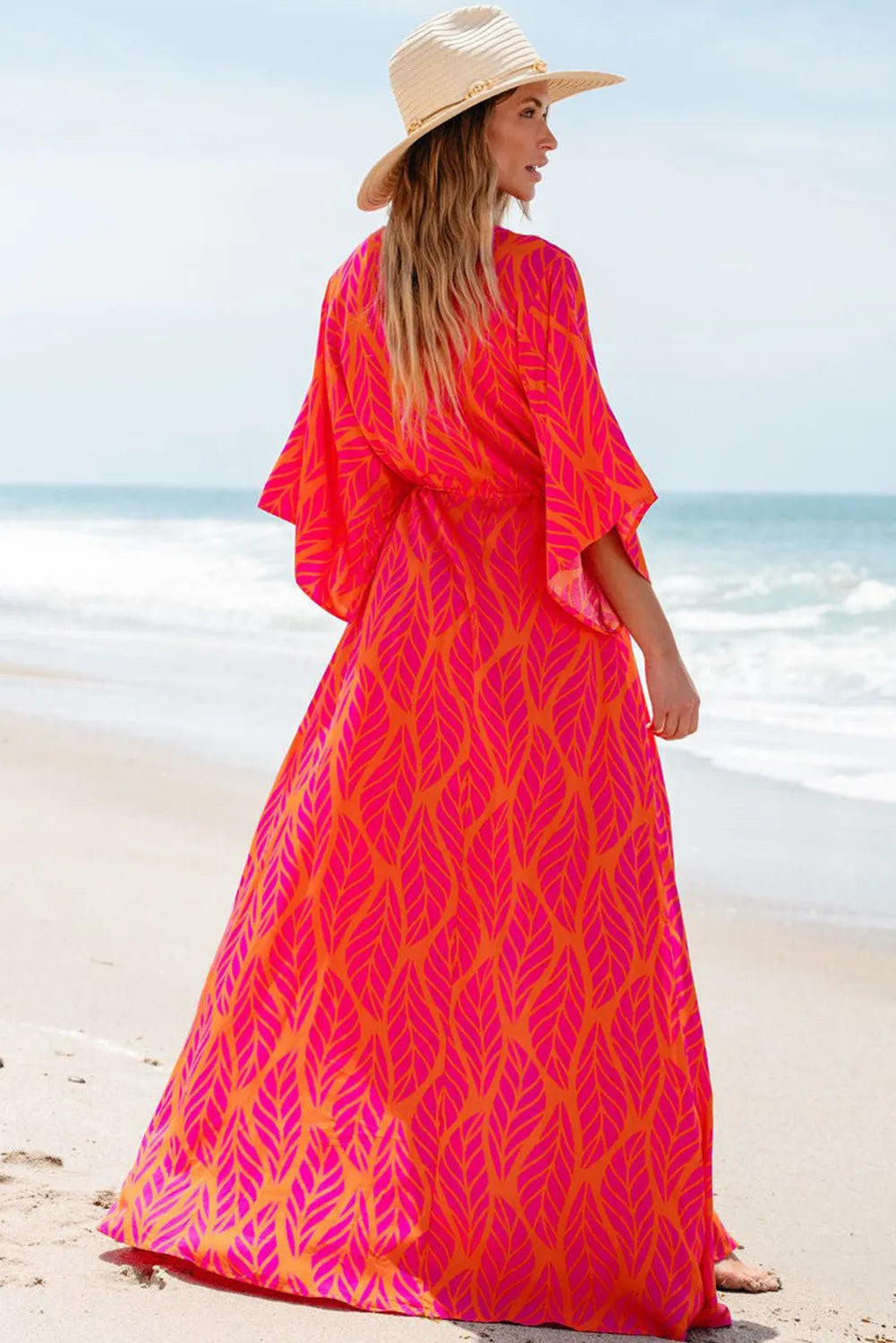 Drawstring Printed V-Neck Maxi Dress Strawberry